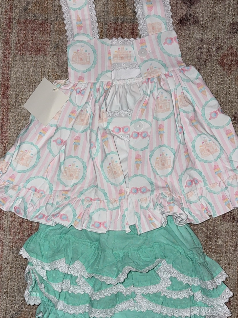 Girls Pastel sand Castle Print Pink & Mint Ruffle bloomer set 3t
